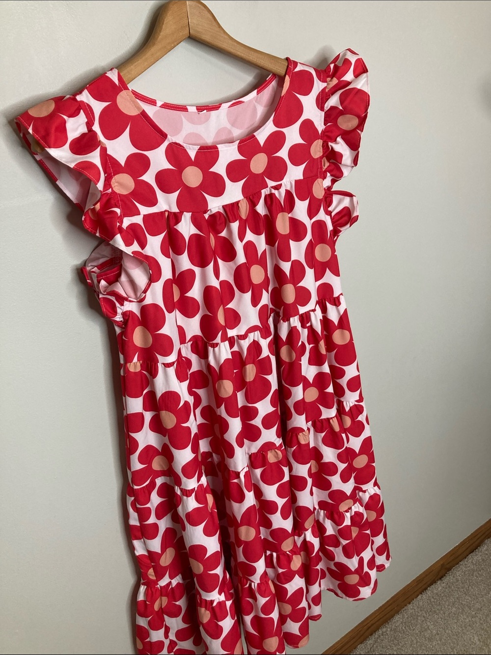 Red and White Flower Sundress with Ruffle Sleeves Size Small Tiered Floral Dress - Picture 3 of 6